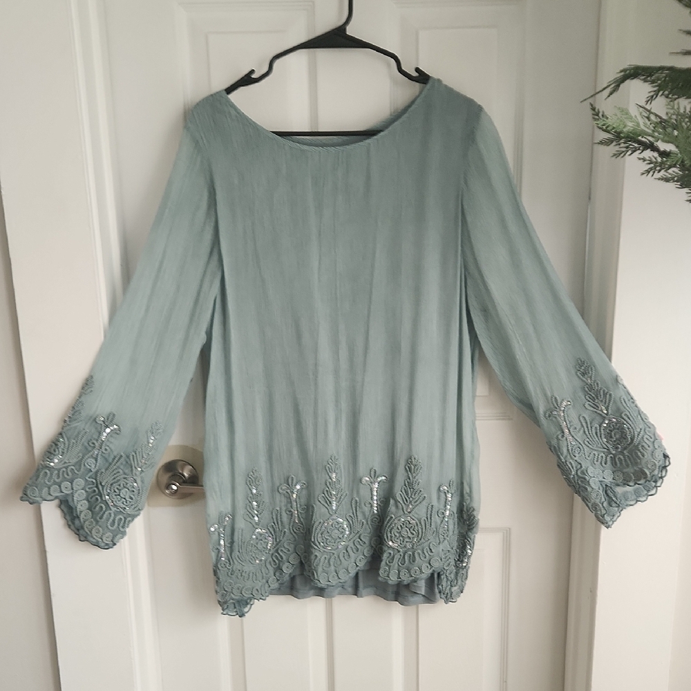 Soft Surroundings Sage Green Embroidered Bell-Sleeve Tunic - Picture 2 of 7